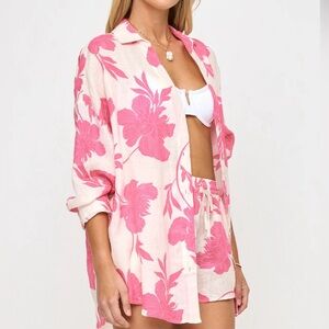 L*Space $158 Rio Tunic Linen Button Down Long Sleeve‎ Blouse Pink Floral Resort